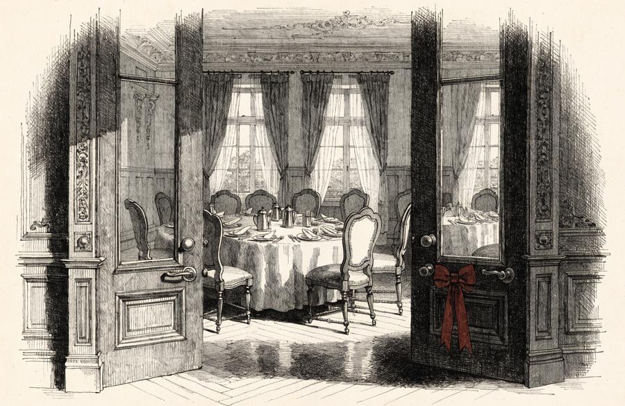 Dibujo a lápiz de unas puertas abiertas hacia un salón con una mesa puesta para desayunar