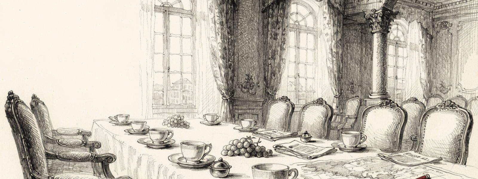 Dibujo a lápiz de una larga mesa de desayuno en un salón antiguo, con tazas, periódicos y un mapa de las Américas