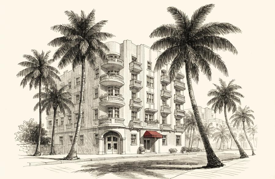 Dibujo a lápiz de un hotel entre palmeras en Miami